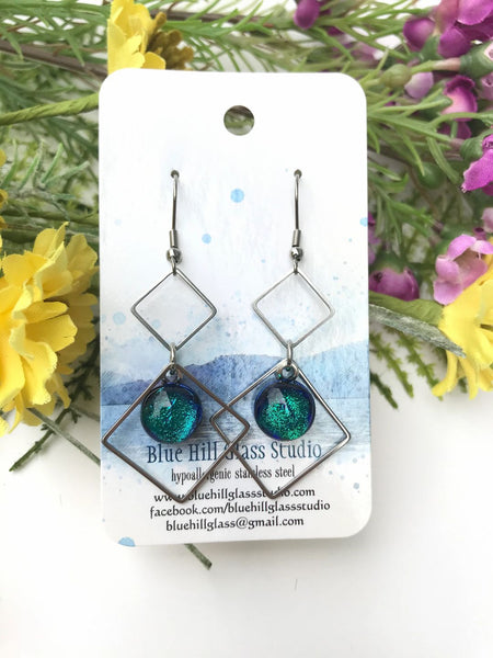Double Diamond Sparkly Dichroic Fused Glass Earrings - Geometric Dangle