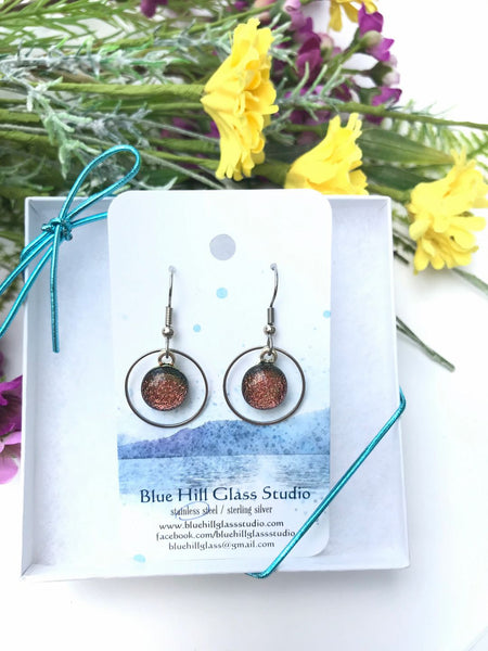 Circle Geometric Dichroic Fused Glass Drop Earrings - Gift for Her - Gift for a Friend - Simple Lightweight - Blue - Green - Pink