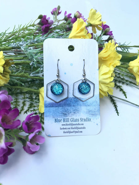 Hexagon Dichroic Fused Glass Earrings - Geometric Dangle - Gift for Her - Gift for a Friend - Modern Simple Lightweight - Blue - Baby Blue