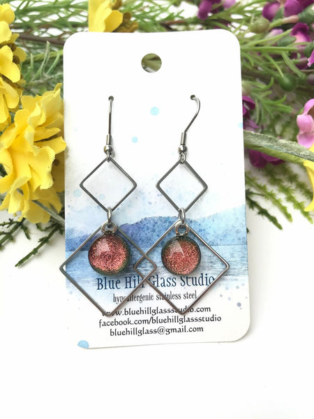 Double Diamond Sparkly Dichroic Fused Glass Earrings - Geometric Dangle