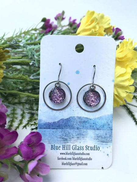 Circle Geometric Dichroic Fused Glass Drop Earrings - Gift for Her - Gift for a Friend - Simple Lightweight - Blue - Green - Pink