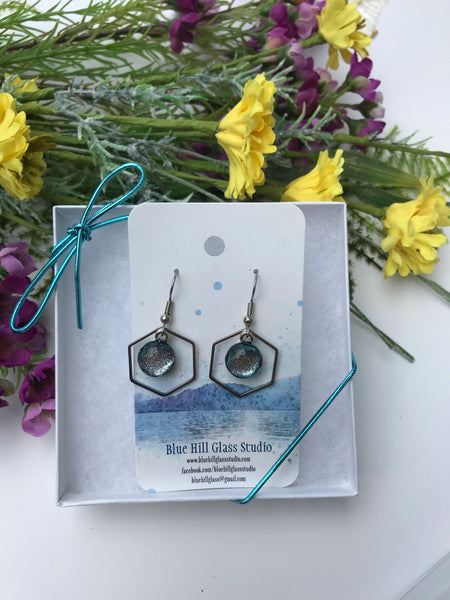 Hexagon Dichroic Fused Glass Earrings - Geometric Dangle - Gift for Her - Gift for a Friend - Modern Simple Lightweight - Blue - Baby Blue