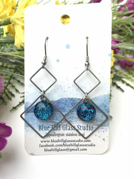 Double Diamond Sparkly Dichroic Fused Glass Earrings - Geometric Dangle