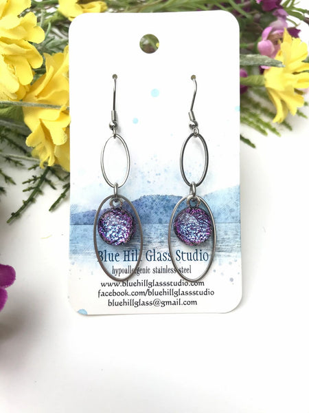 Double Oval Dichroic Fused Glass Earrings - Geometric Dangle - Gift for Her - Gift for Friend - Modern Simple Lightweight