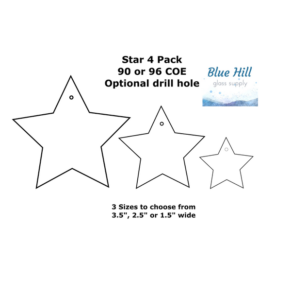 4 Pack Star Fusible Precut -3.5", 2.5", 1.5" - Ornament Making - Optional Drill Hole - 90 COE or 96 COE - Black, white, clear fused glass