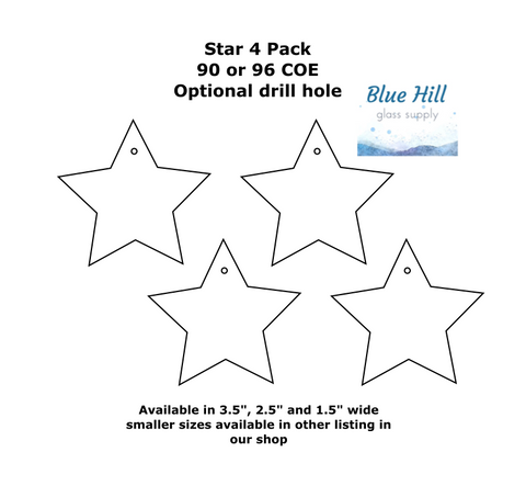 4 Pack Star Fusible Precut -3.5", 2.5", 1.5" - Ornament Making - Optional Drill Hole - 90 COE or 96 COE - Black, white, clear fused glass