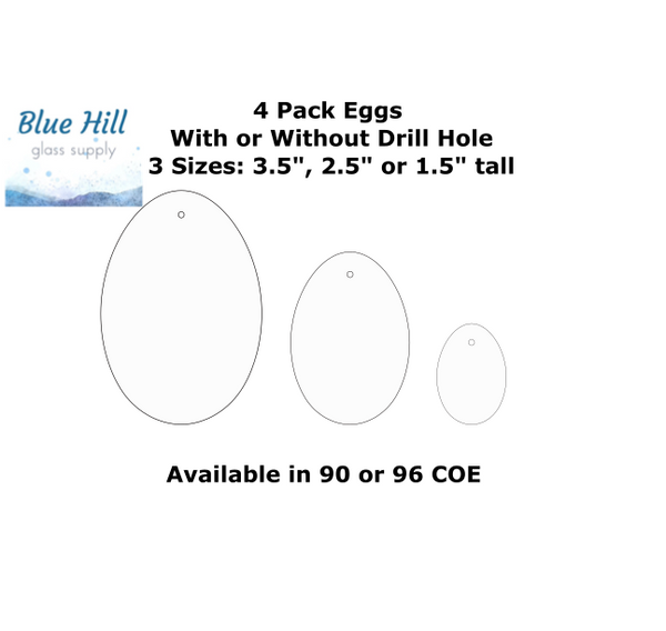 4 Pack Egg Fusible Precut -3.5", 2.5", 1.5" - Ornament Making - Optional Drill Hole - 90 COE or 96 COE - Black, white, clear fused glass