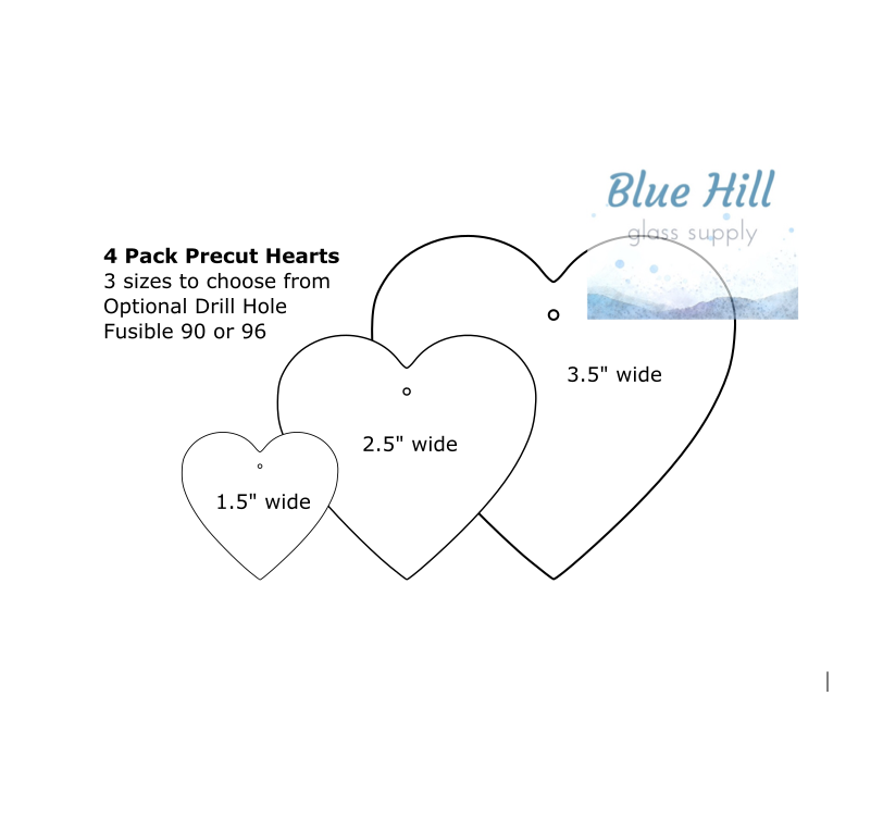 4 Pack Heart Fusible Precut -3.5", 2.5", 1.5" - Ornament Making - Optional Drill Hole - 90 COE or 96 COE - Black, white, clear fused glass