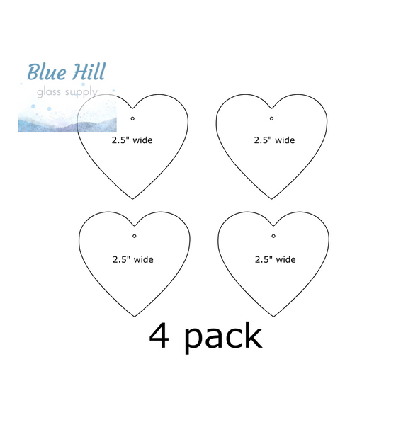 4 Pack Heart Fusible Precut -3.5", 2.5", 1.5" - Ornament Making - Optional Drill Hole - 90 COE or 96 COE - Black, white, clear fused glass