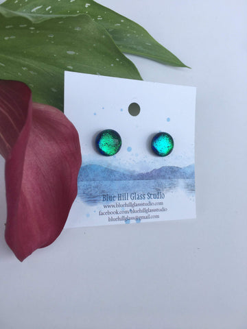 Emerald Green Dichroic Fused Glass Stud Earrings - Hypoallergenic Titanium