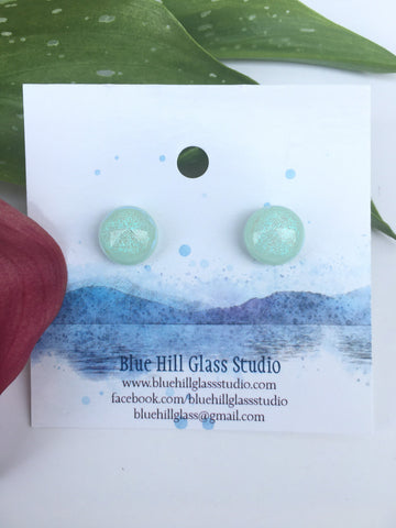 Mint Green Sparkly Fused Glass Dichroic Stud Earrings - Hypoallergenic Titanium - Lightweight - Birthday Gift for Her -