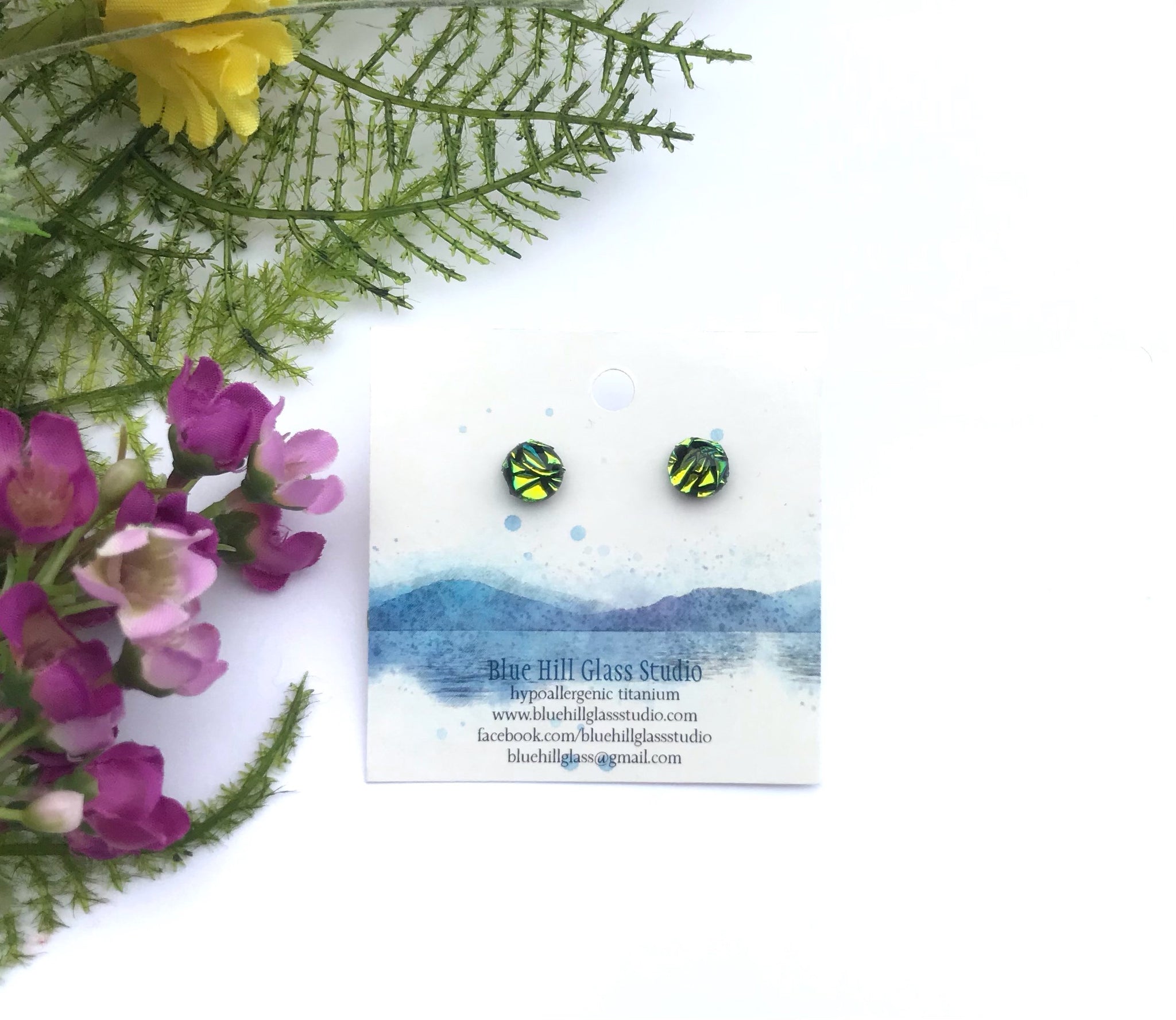 Crackled Green Blue Color changing  Dichroic Fused Glass Stud Earrings - Hypoallergenic Titanium
