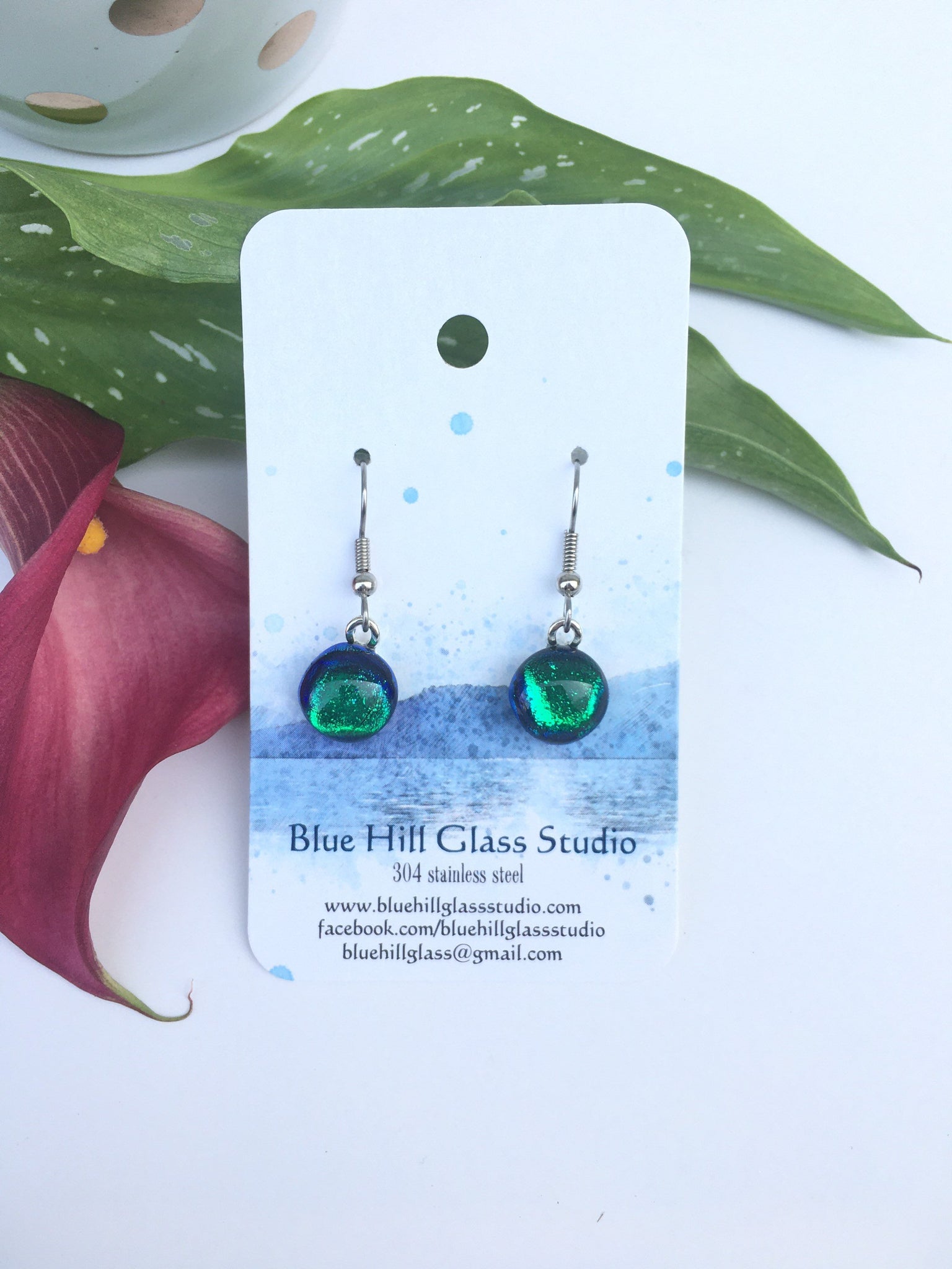 Emerald Green Dichroic Fused Glass Dangle earrings