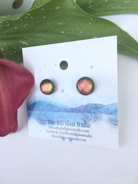 Rose Gold Pink Dichroic Fused Glass Stud Earrings - Gift for Her - Color Changing - Lightweight - Hypoallergenic