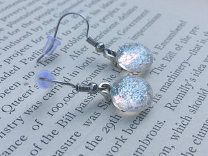 Silver Ice Dichroic Fused Glass Dangle earrings - Hypoallergenic Stainless Steel - Gift for Her - Glittery Lightweight Simple Earrings