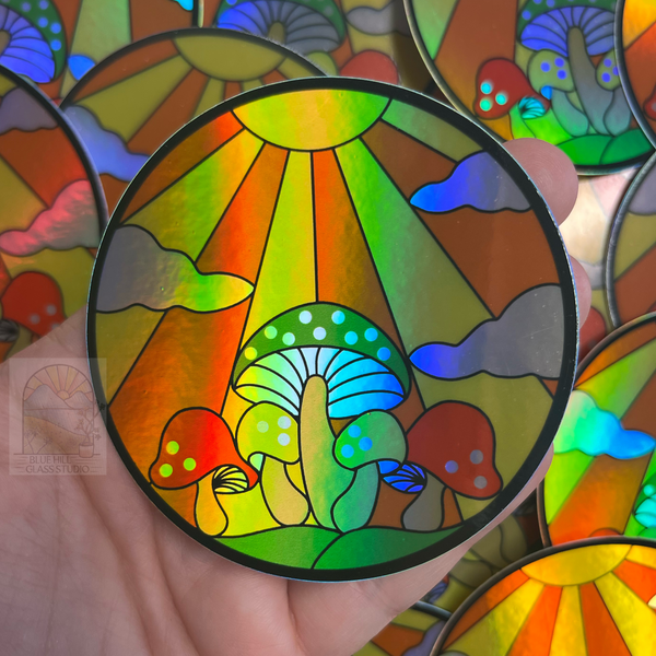 Groovy Mushroom Holographic Sticker - Water bottle Stickers - Laptop Stickers - Vintage Design - Psychadelic Sunshine Mushroom