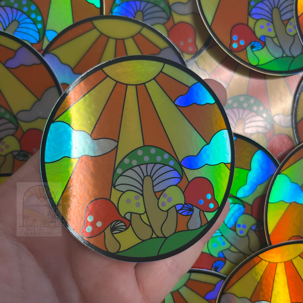 Groovy Mushroom Holographic Sticker - Water bottle Stickers - Laptop Stickers - Vintage Design - Psychadelic Sunshine Mushroom