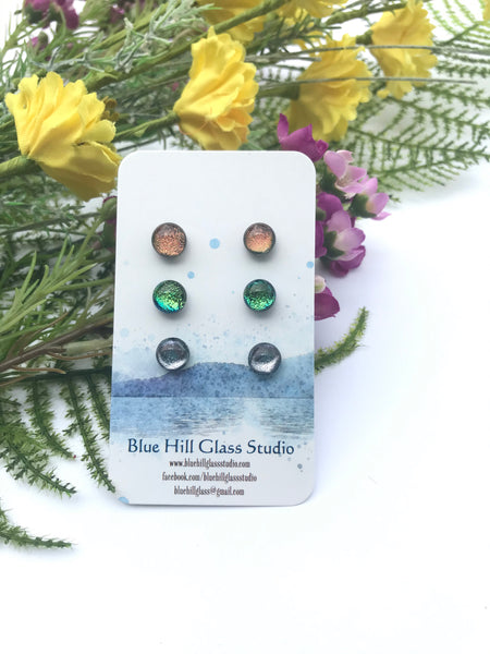 Earring Gift Set of 3 Dichroic Fused Glass Handmade Studs , Multiple Color Options - Hypoallergenic Titanium - Lightweight Studs