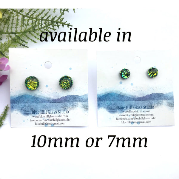 Crackled Green Blue Color changing  Dichroic Fused Glass Stud Earrings - Hypoallergenic Titanium