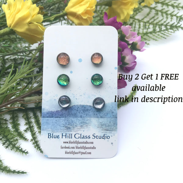 Crackled Green Blue Color changing  Dichroic Fused Glass Stud Earrings - Hypoallergenic Titanium