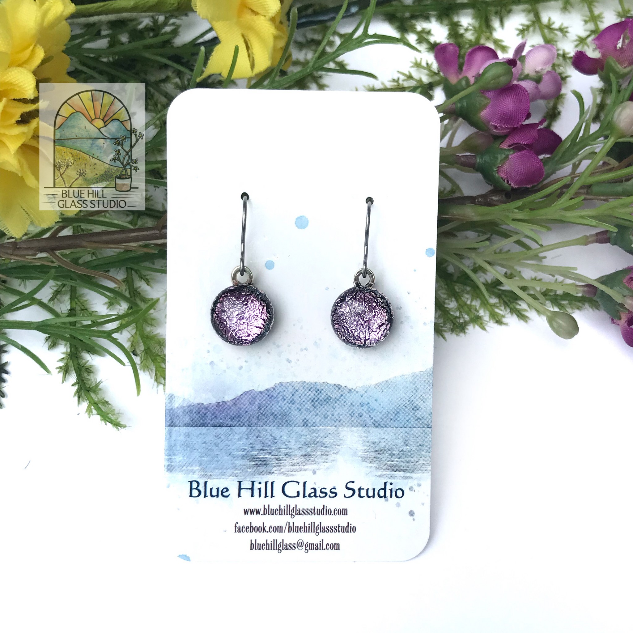 Pink Purple Dichroic Fused Glass Dangle Earrings