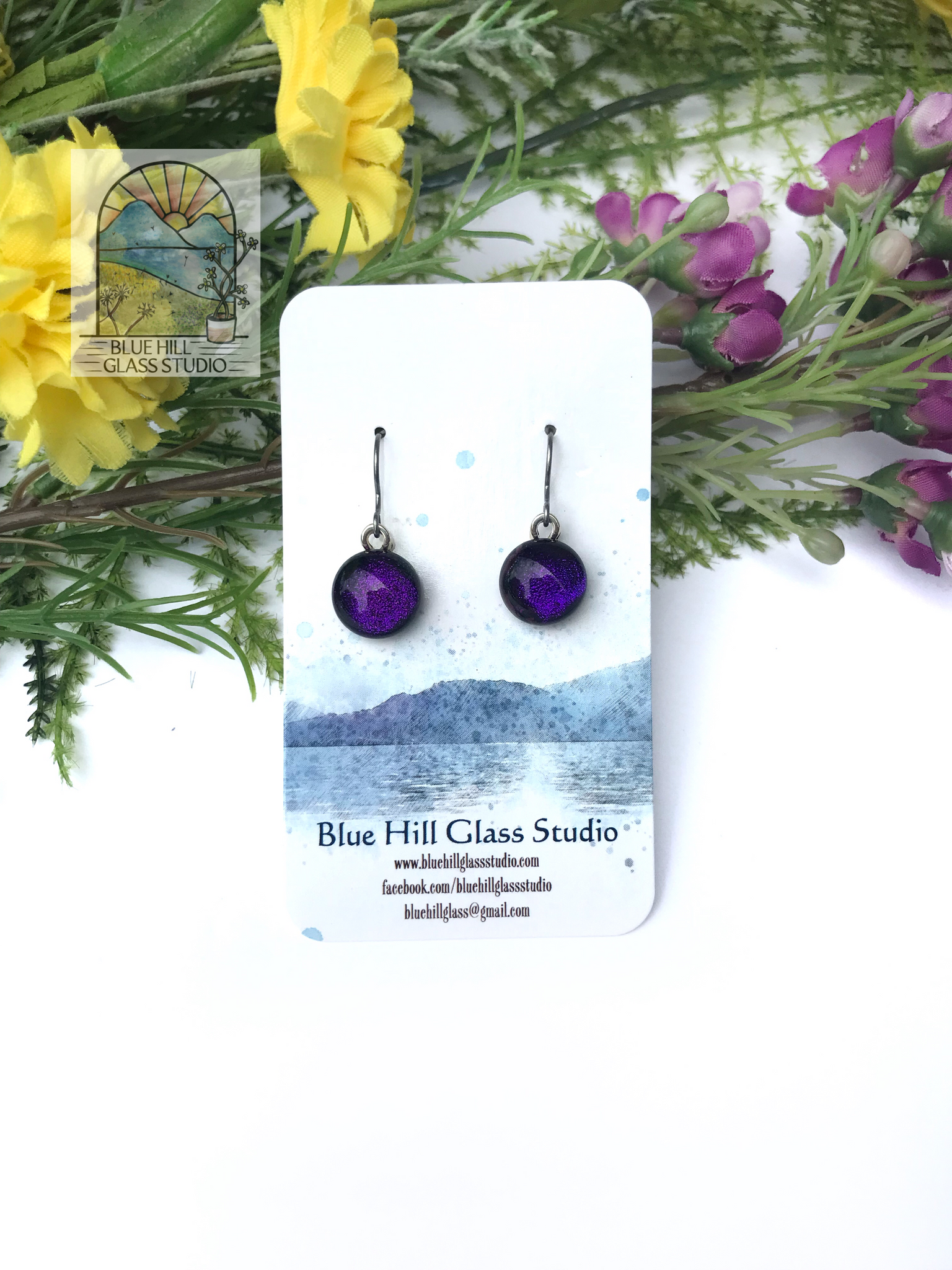 Violet Purple Dichroic Fused Glass Dangle Earrings
