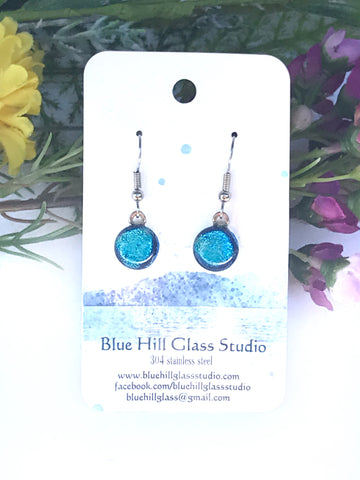 Blue Dichroic Fused Glass Dangle Earrings