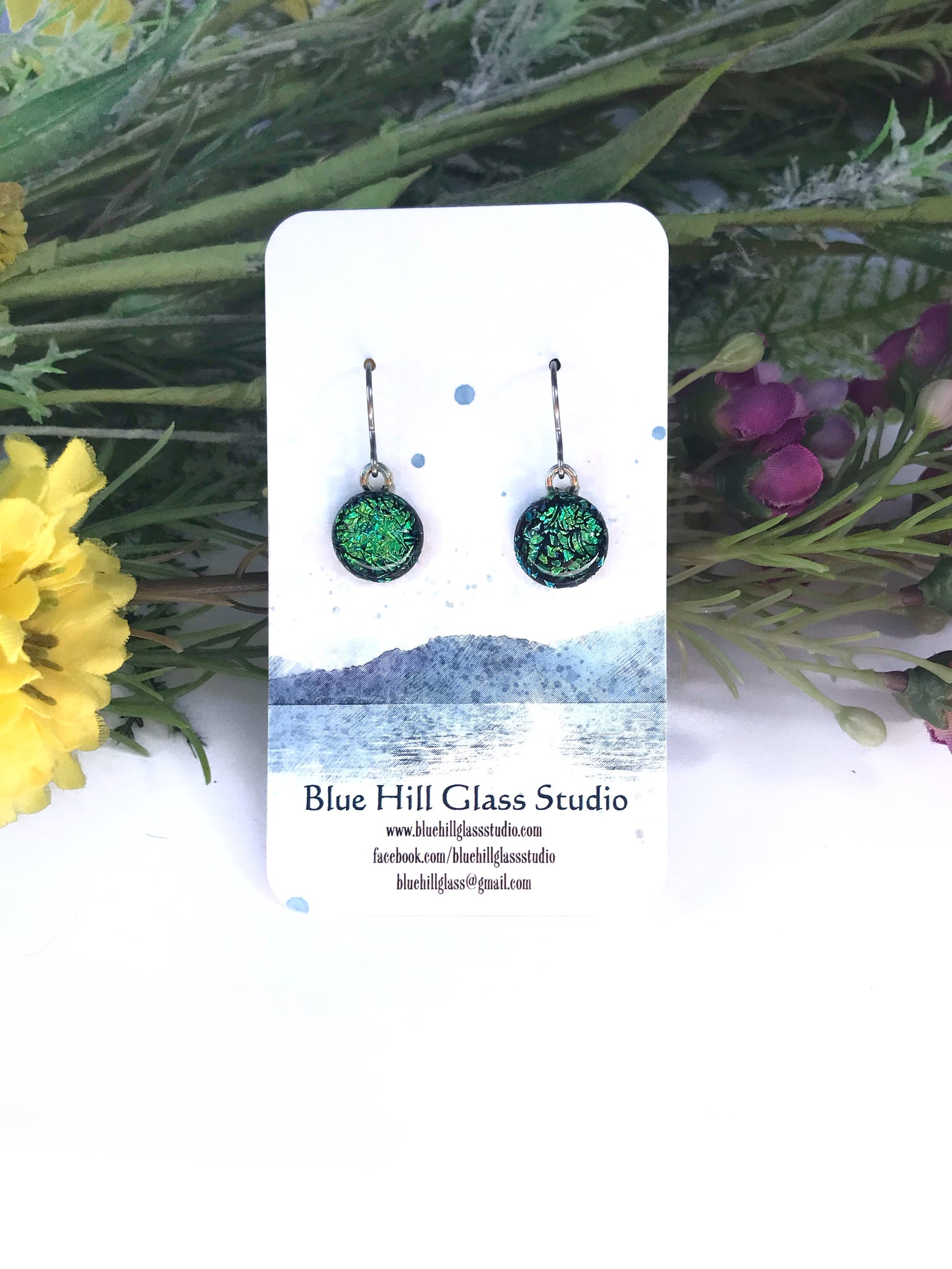 Green Dichroic Fused Glass Dangle Earrings