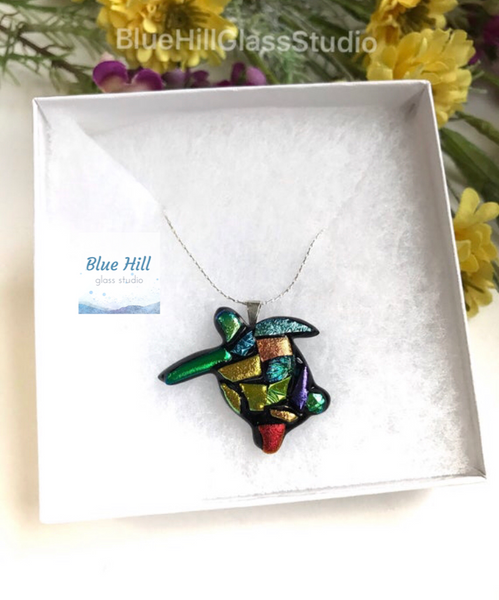 Turtle Dichroic Fused Glass Pendant with Sterling Silver Necklace - Colorful - Turtle Gift - Beach Jewelry - Mother’s Day - Gift for Mom
