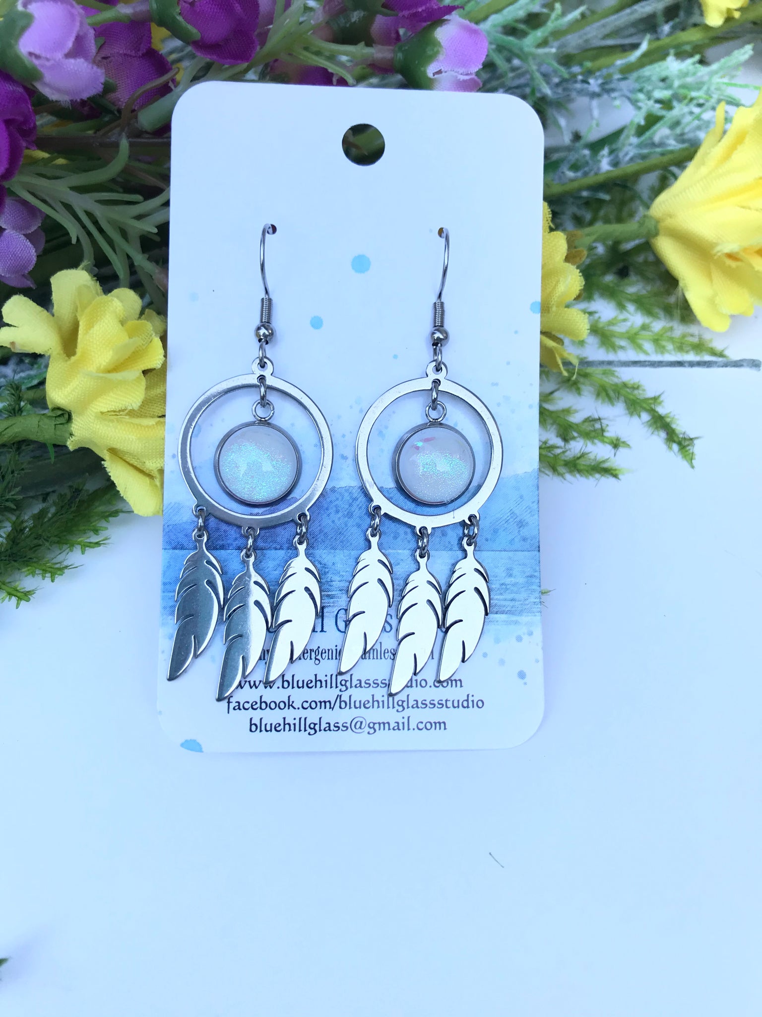 Dream Catcher Dichroic Fused Glass Earrings in Snow White - Dangle Earrings