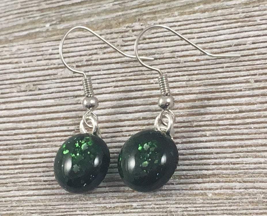Hunter Green Dangle Fused Glass Earrings - Glittery Stainless Steel Earrings - Hypoallergenic - Gift for Green Eyes