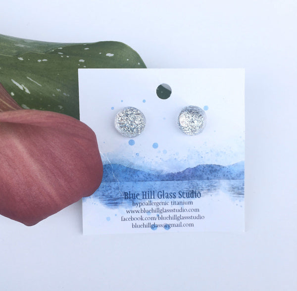 Silver Fused Glass Studs - Hypoallergenic Titanium - Gift for Her -Glitter Sparkly  - Lightweight - Wedding Earrings