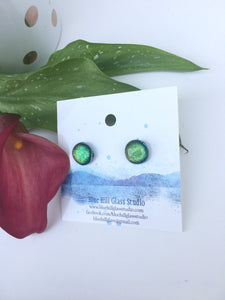 Green Blue Color changing  Dichroic Fused Glass Stud Earrings - Hypoallergenic Titanium