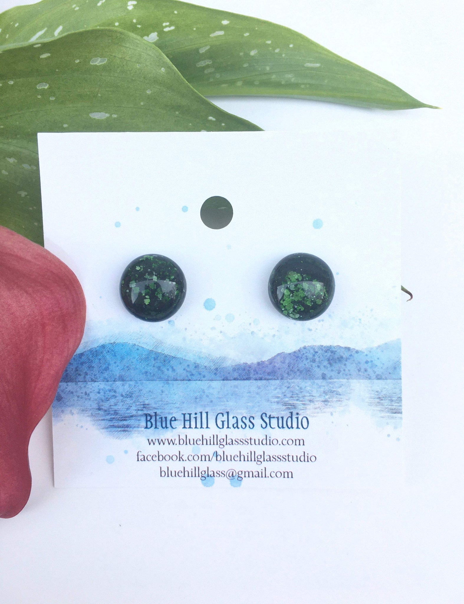 Hunter Green Fused Glass Earring Studs - Titanium Posts - Sparkly Hunter Green - Gift for Her - Green Eyes Gift - Lightweight