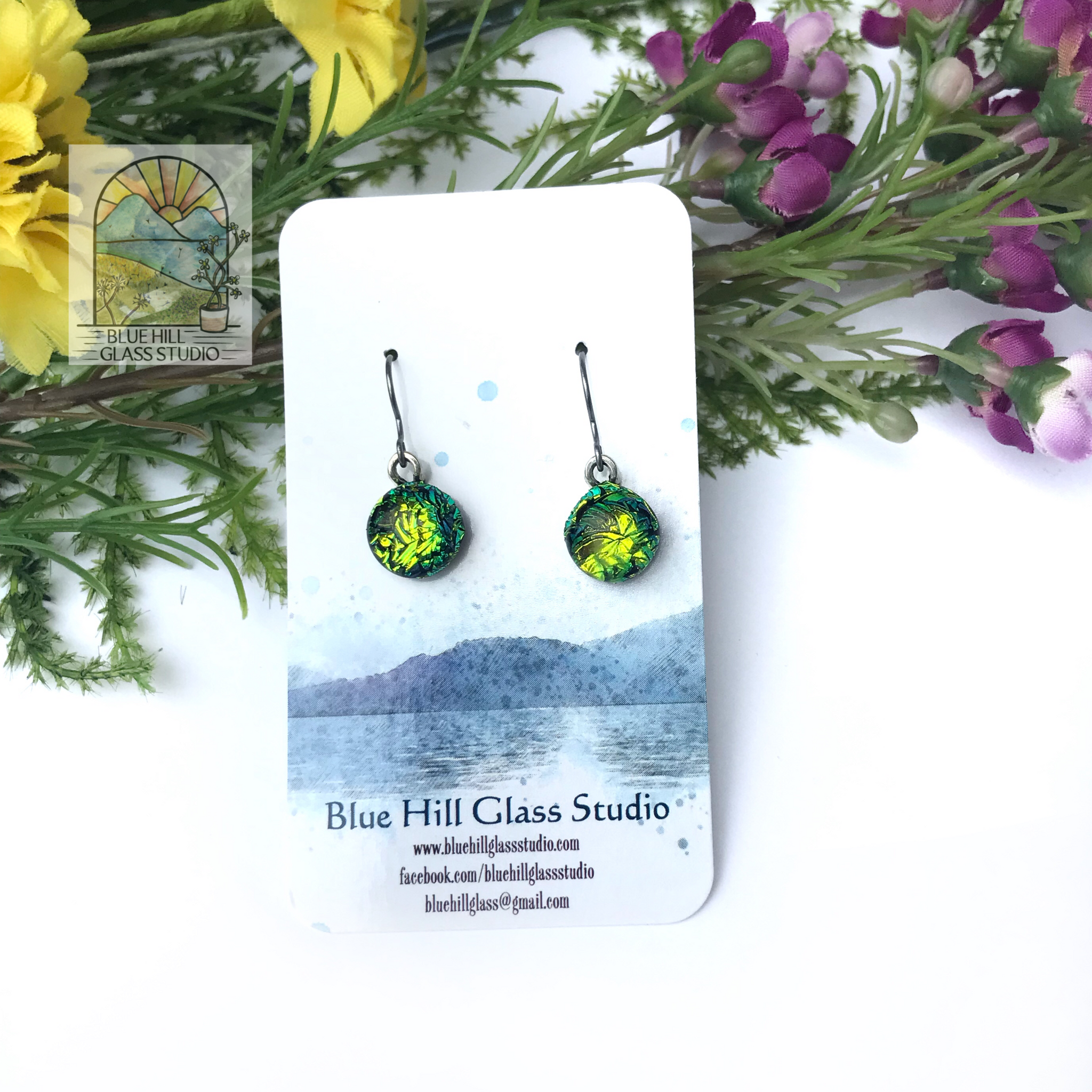Crackled Green Dichroic Fused Glass Dangle Earrings