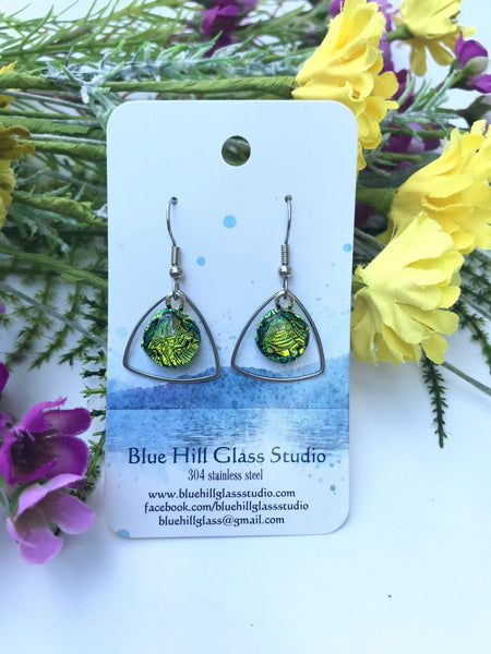 Triangle Geometric Dichroic Fused Glass Drop Earrings - Gift for Her - Gift for a Friend - Simple Lightweight - Blue - Green - Purple - Pink