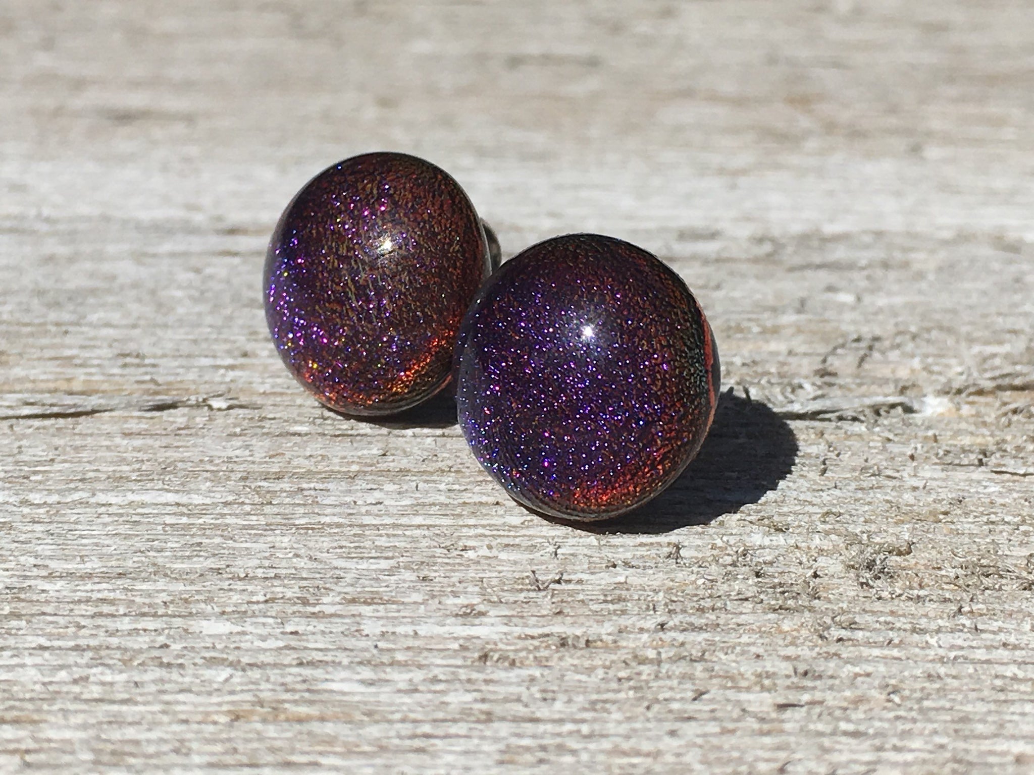 Purple Pink Gold Color Changing Dichroic Fused Glass Stud Earrings - Hypoallergenic Titanium - Lightweight - Birthday Gift for Her