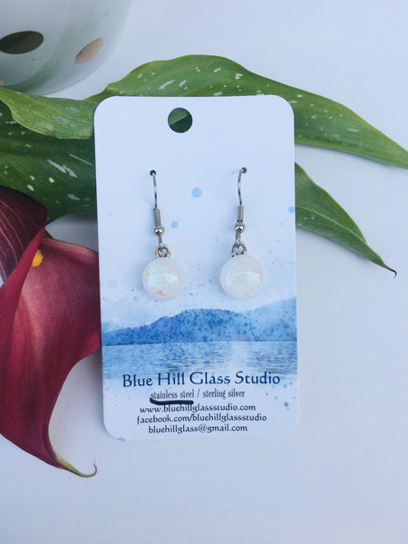 Snow White Color Changing Dichroic Fused Glass Dangle earrings - Hypoallergenic Stainless Steel - Sterling Silver - Lightweight - Sparkly