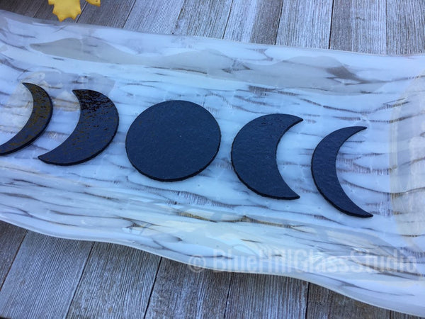 Moon Phases Fused Glass Platter in White Clear and Black Glass - Triple Goddess - Crescent Moon - New Moon - Pagan - Astrology - Lunar Cycle
