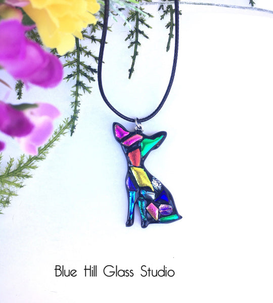 Chihuahua Dichroic Fused Glass Pendant with Stainless Steel Necklace