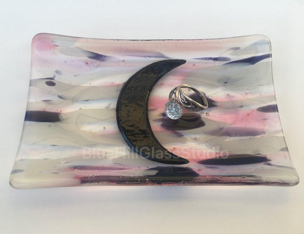 Crescent Moon Fused Glass Soap / Trinket Dish , For jewelry , sponge , candles  , candy dish , ring dish - pink purple dish - gift for her