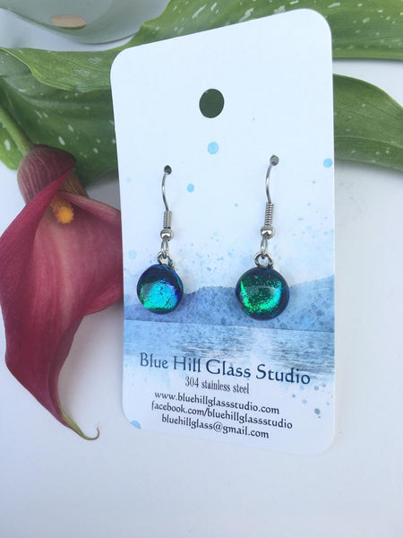 Emerald Green Dichroic Fused Glass Dangle earrings