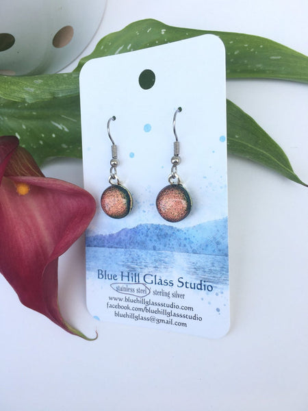 Rose Gold Pink Dichroic Fused Glass Dangle Earrings - Hypoallergenic - Gift for Her - Glittery Lightweight Simple Earrings - Bridesmaid