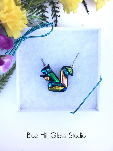 Squirrel Dichroic Fused Glass Pendant with Stainless Steel Necklace - Squirrel Lover Gift - Mosaic Squirrel -  Mother’s Day Gift - Colorful