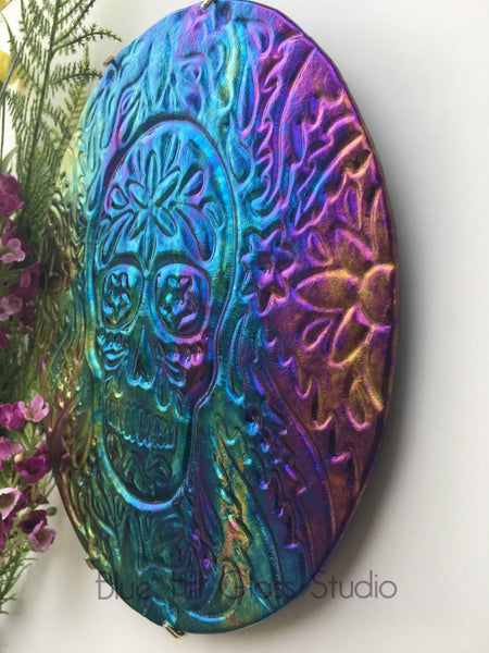 Rainbow Sugar Skull Fused Glass Wall Hanging - Glass Platter - Glass Serving Dish - Cheese Board - Day of the Dead Plate - Trivet