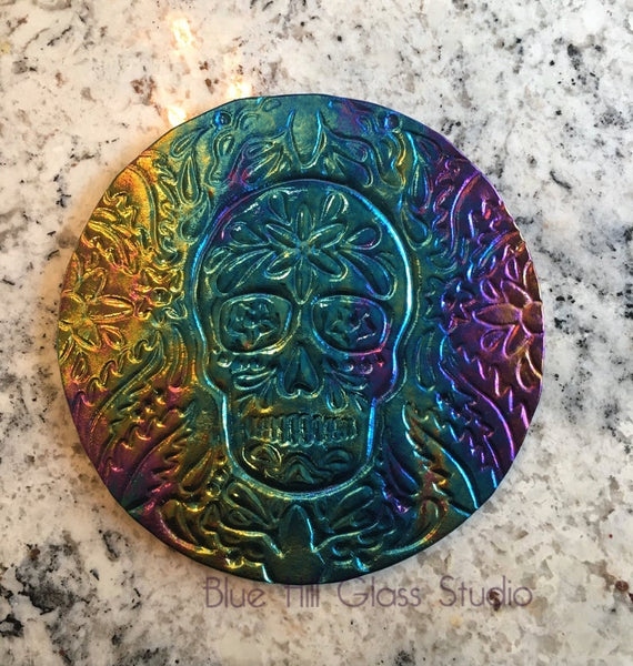 Rainbow Sugar Skull Fused Glass Wall Hanging - Glass Platter - Glass Serving Dish - Cheese Board - Day of the Dead Plate - Trivet