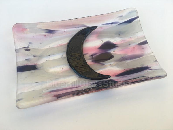 Crescent Moon Fused Glass Soap / Trinket Dish , For jewelry , sponge , candles  , candy dish , ring dish - pink purple dish - gift for her