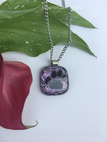 Purple Dog Paw Dichroic Fused Glass Necklace in Sterling Silver and Stainless Steel - Gift for Her - Mother’s Day Gift- Dog Mom Gift