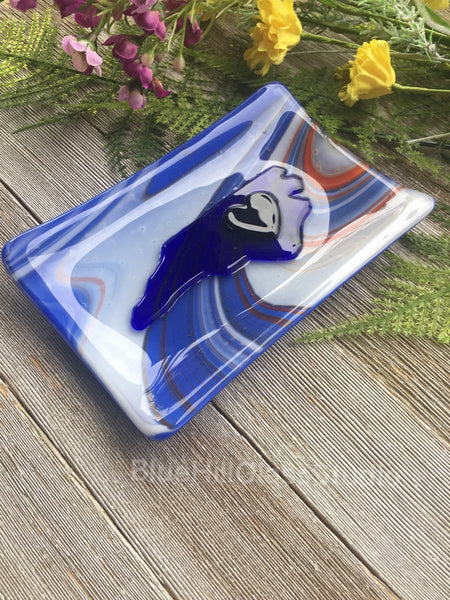 North Carolina Blue & White Fused Glass Soap / Trinket Dish , For jewelry , sponges , candles , keys , ring dish , gift for her , heart dish