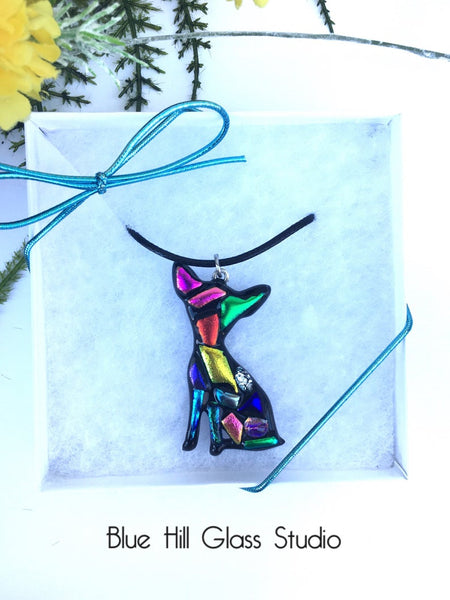 Chihuahua Dichroic Fused Glass Pendant with Stainless Steel Necklace